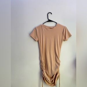 Tan ruched mini dress with adjustable ties